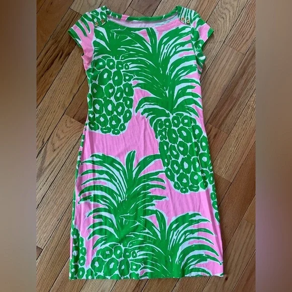 Lilly Pulitzer Women's Size XS Loren Pink & Green Pineapple Dress Boatneck - Picture 1 of 11